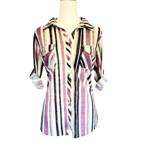 Womens M eden & Olivia purple striped 3/4 sleeve button tab button down top - Picture 1 of 9